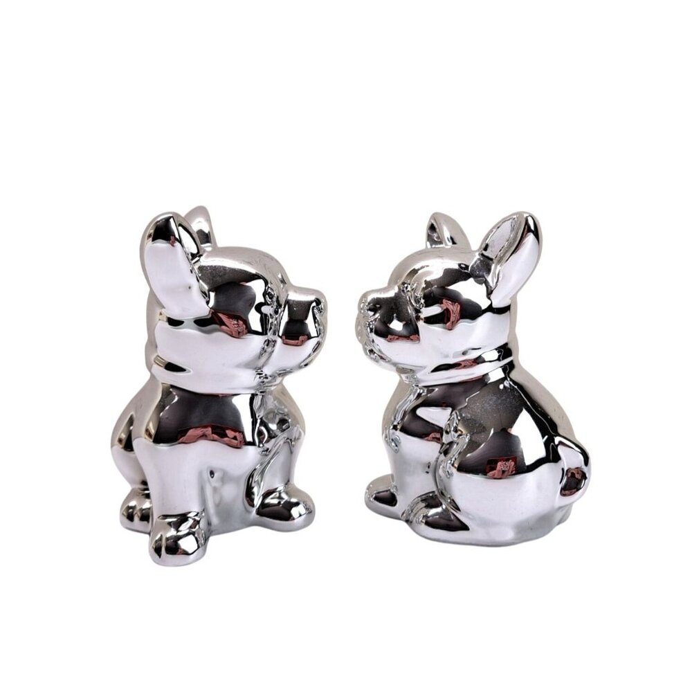 French Bulldog Figurine Set Of 2 Frenchie Dog Puppy Ceramic Silver Mirror Chrome - Picture 3 of 11
